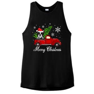 Boston Terrier Dog Riding Red Truck Merry Christmas Pajama Gift Ladies PosiCharge Tri-Blend Wicking Tank