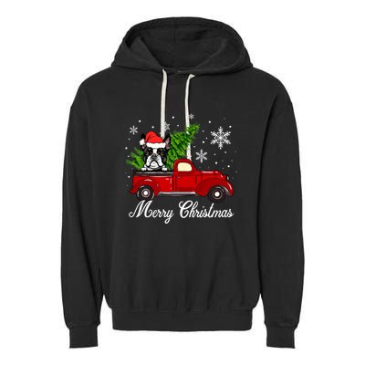 Boston Terrier Dog Riding Red Truck Merry Christmas Pajama Gift Garment-Dyed Fleece Hoodie