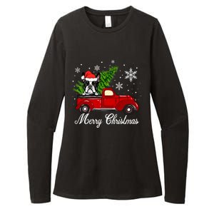 Boston Terrier Dog Riding Red Truck Merry Christmas Pajama Gift Womens CVC Long Sleeve Shirt