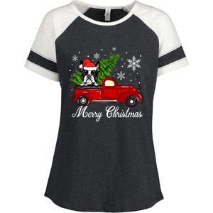 Boston Terrier Dog Riding Red Truck Merry Christmas Pajama Gift Enza Ladies Jersey Colorblock Tee