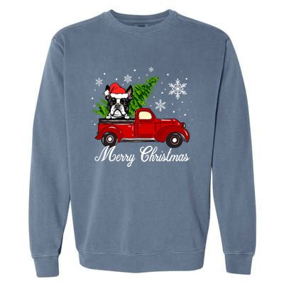 Boston Terrier Dog Riding Red Truck Merry Christmas Pajama Gift Garment-Dyed Sweatshirt