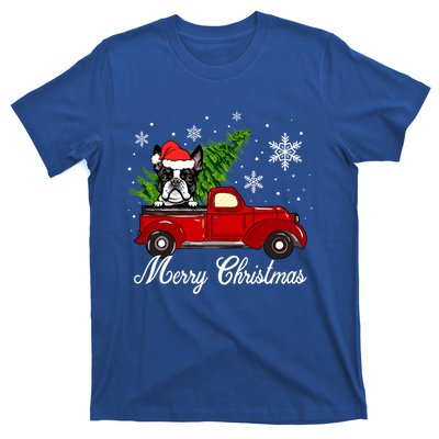 Boston Terrier Dog Riding Red Truck Merry Christmas Pajama Gift T-Shirt