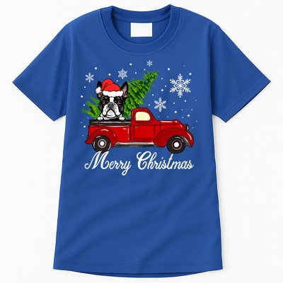 Boston Terrier Dog Riding Red Truck Merry Christmas Pajama Gift Tall T-Shirt