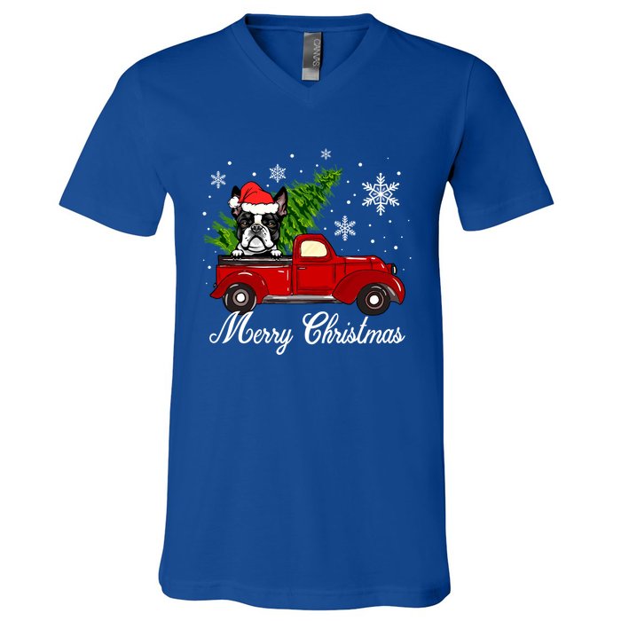 Boston Terrier Dog Riding Red Truck Merry Christmas Pajama Gift V-Neck T-Shirt