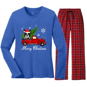 Boston Terrier Dog Riding Red Truck Merry Christmas Pajama Gift Women's Long Sleeve Flannel Pajama Set 