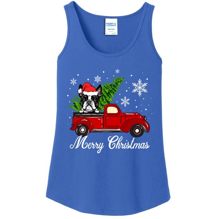 Boston Terrier Dog Riding Red Truck Merry Christmas Pajama Gift Ladies Essential Tank