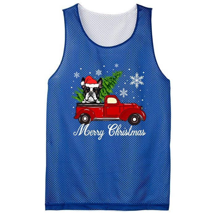 Boston Terrier Dog Riding Red Truck Merry Christmas Pajama Gift Mesh Reversible Basketball Jersey Tank