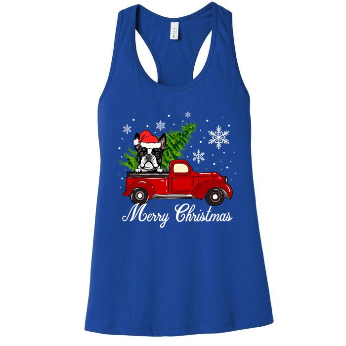 Boston Terrier Dog Riding Red Truck Merry Christmas Pajama Gift Women's Racerback Tank