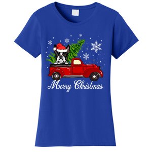 Boston Terrier Dog Riding Red Truck Merry Christmas Pajama Gift Women's T-Shirt