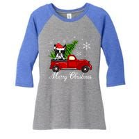 Boston Terrier Dog Riding Red Truck Merry Christmas Pajama Gift Women's Tri-Blend 3/4-Sleeve Raglan Shirt