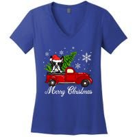 Boston Terrier Dog Riding Red Truck Merry Christmas Pajama Gift Women's V-Neck T-Shirt