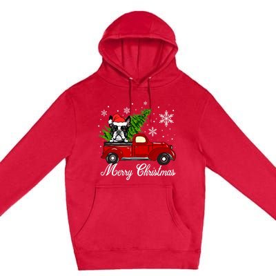 Boston Terrier Dog Riding Red Truck Merry Christmas Pajama Gift Premium Pullover Hoodie