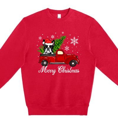 Boston Terrier Dog Riding Red Truck Merry Christmas Pajama Gift Premium Crewneck Sweatshirt