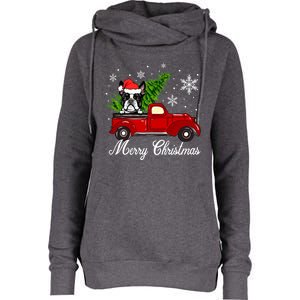 Boston Terrier Dog Riding Red Truck Merry Christmas Pajama Gift Womens Funnel Neck Pullover Hood