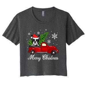 Boston Terrier Dog Riding Red Truck Merry Christmas Pajama Gift Women's Crop Top Tee