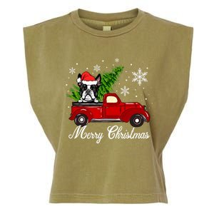 Boston Terrier Dog Riding Red Truck Merry Christmas Pajama Gift Garment-Dyed Women's Muscle Tee