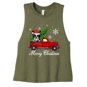 Boston Terrier Dog Riding Red Truck Merry Christmas Pajama Gift Women's Racerback Cropped Tank