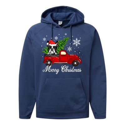 Boston Terrier Dog Riding Red Truck Merry Christmas Pajama Gift Performance Fleece Hoodie