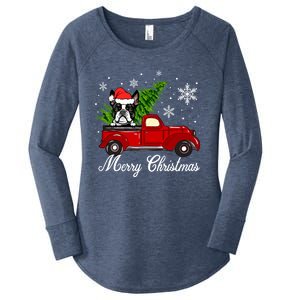 Boston Terrier Dog Riding Red Truck Merry Christmas Pajama Gift Women's Perfect Tri Tunic Long Sleeve Shirt