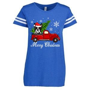 Boston Terrier Dog Riding Red Truck Merry Christmas Pajama Gift Enza Ladies Jersey Football T-Shirt