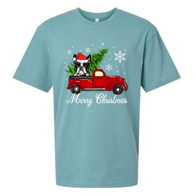 Boston Terrier Dog Riding Red Truck Merry Christmas Pajama Gift Sueded Cloud Jersey T-Shirt