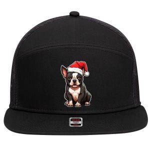 Boston Terrier Dog Wearing Santa Hat Xmas Holiday Christmas 7 Panel Mesh Trucker Snapback Hat