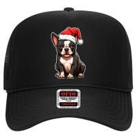 Boston Terrier Dog Wearing Santa Hat Xmas Holiday Christmas High Crown Mesh Back Trucker Hat