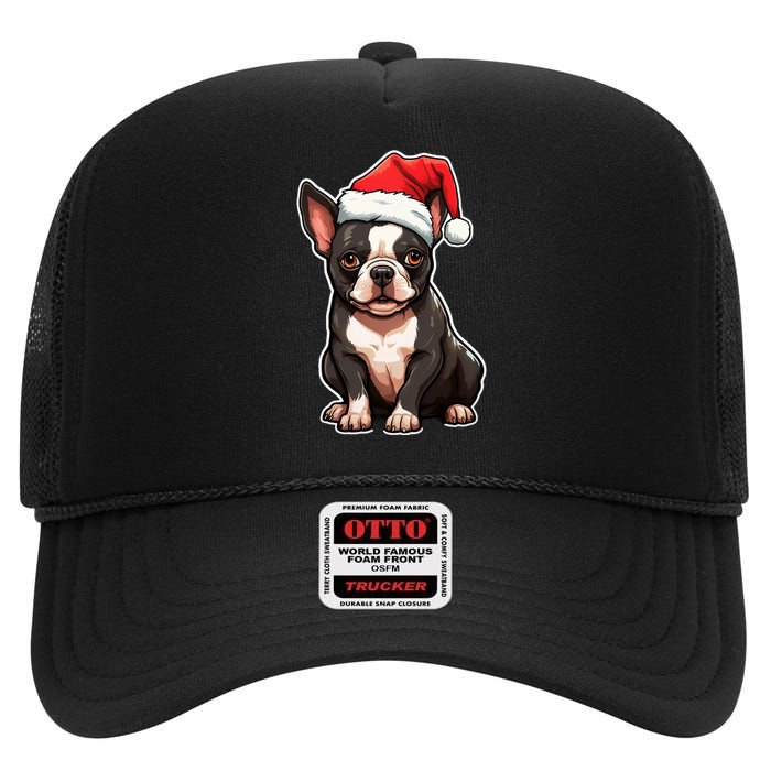 Boston Terrier Dog Wearing Santa Hat Xmas Holiday Christmas High Crown Mesh Back Trucker Hat