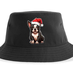 Boston Terrier Dog Wearing Santa Hat Xmas Holiday Christmas Sustainable Bucket Hat