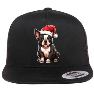 Boston Terrier Dog Wearing Santa Hat Xmas Holiday Christmas Flat Bill Trucker Hat