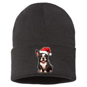 Boston Terrier Dog Wearing Santa Hat Xmas Holiday Christmas Sustainable Knit Beanie