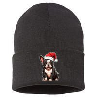 Boston Terrier Dog Wearing Santa Hat Xmas Holiday Christmas Sustainable Knit Beanie