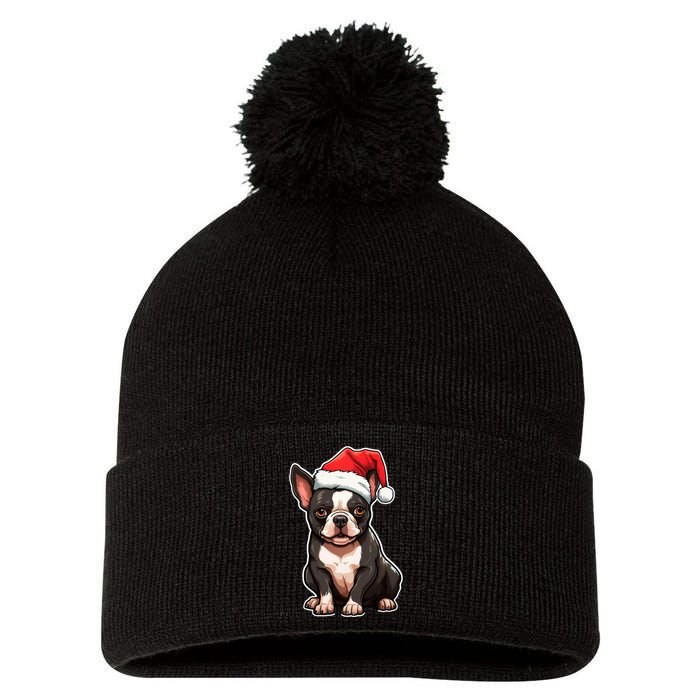 Boston Terrier Dog Wearing Santa Hat Xmas Holiday Christmas Pom Pom 12in Knit Beanie