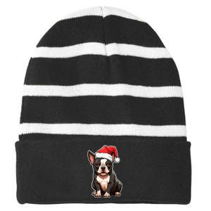 Boston Terrier Dog Wearing Santa Hat Xmas Holiday Christmas Striped Beanie with Solid Band