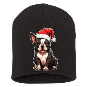 Boston Terrier Dog Wearing Santa Hat Xmas Holiday Christmas Short Acrylic Beanie