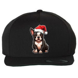 Boston Terrier Dog Wearing Santa Hat Xmas Holiday Christmas Wool Snapback Cap