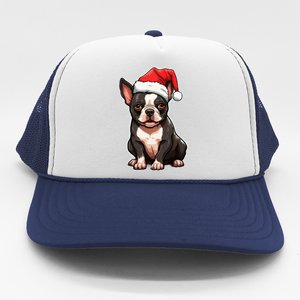 Boston Terrier Dog Wearing Santa Hat Xmas Holiday Christmas Trucker Hat