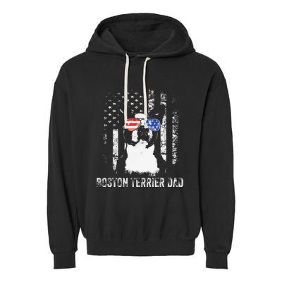 Boston Terrier Dad American Flag 4th Of July Dog Fathers Day Garment-Dyed Fleece Hoodie