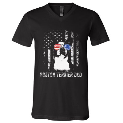 Boston Terrier Dad American Flag 4th Of July Dog Fathers Day V-Neck T-Shirt