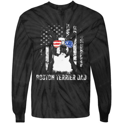 Boston Terrier Dad American Flag 4th Of July Dog Fathers Day Tie-Dye Long Sleeve Shirt