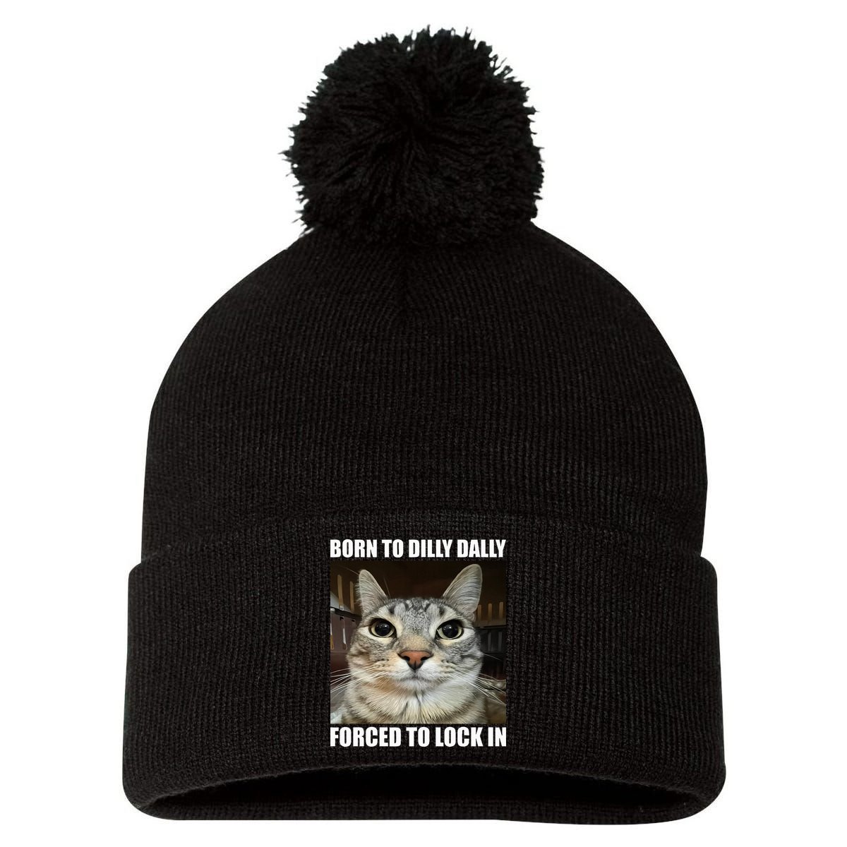 Born To Dilly Dallly Forced To Lock In Cat Lover Pom Pom 12in Knit Beanie