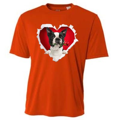 Boston Terrier Dog Rose Heart Valentines Day Couple Funny Gift Cooling Performance Crew T-Shirt