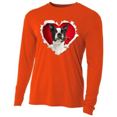 Boston Terrier Dog Rose Heart Valentines Day Couple Funny Gift Cooling Performance Long Sleeve Crew