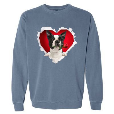 Boston Terrier Dog Rose Heart Valentines Day Couple Funny Gift Garment-Dyed Sweatshirt