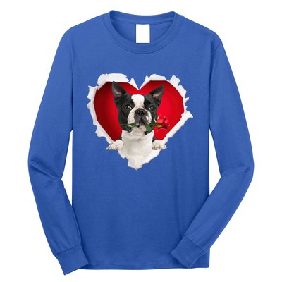 Boston Terrier Dog Rose Heart Valentines Day Couple Funny Gift Long Sleeve Shirt