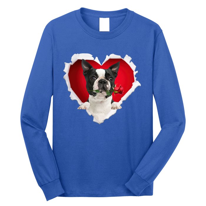 Boston Terrier Dog Rose Heart Valentines Day Couple Funny Gift Long Sleeve Shirt