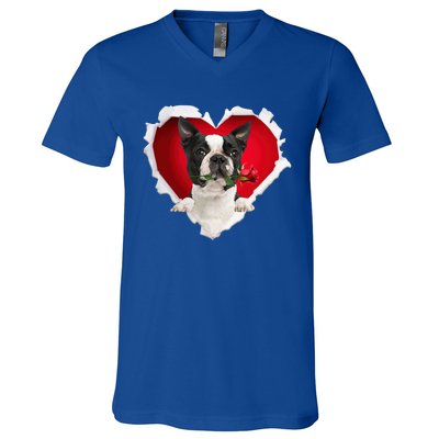 Boston Terrier Dog Rose Heart Valentines Day Couple Funny Gift V-Neck T-Shirt