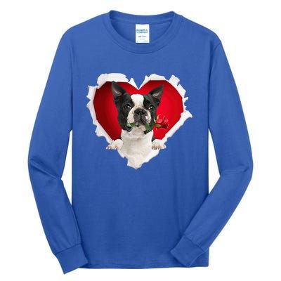 Boston Terrier Dog Rose Heart Valentines Day Couple Funny Gift Tall Long Sleeve T-Shirt