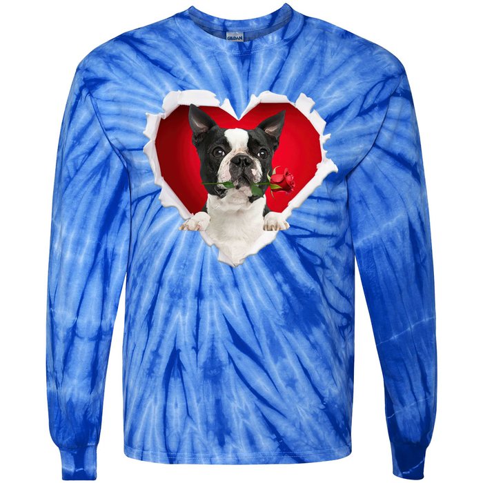 Boston Terrier Dog Rose Heart Valentines Day Couple Funny Gift Tie-Dye Long Sleeve Shirt