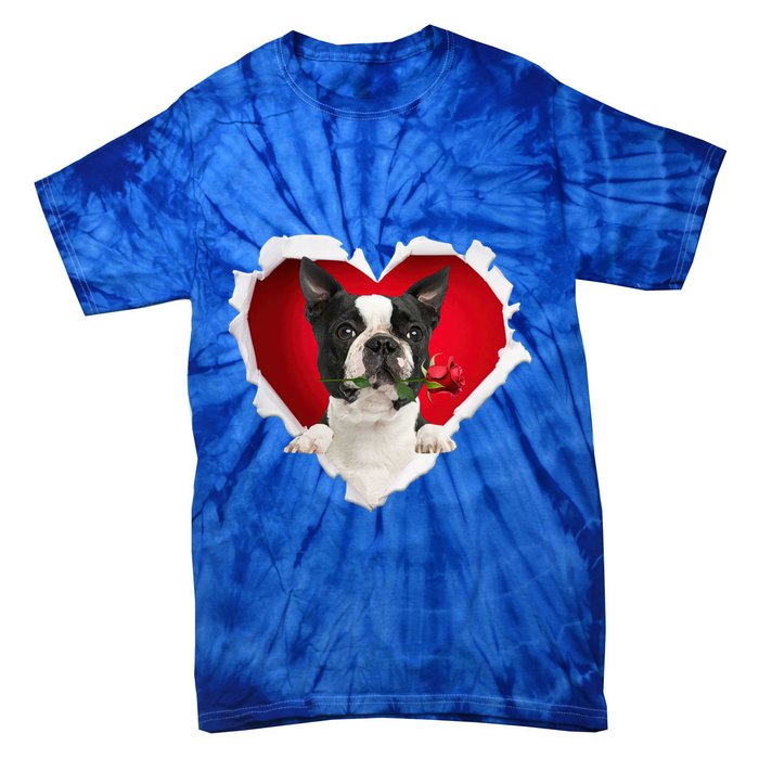 Boston Terrier Dog Rose Heart Valentines Day Couple Funny Gift Tie-Dye T-Shirt